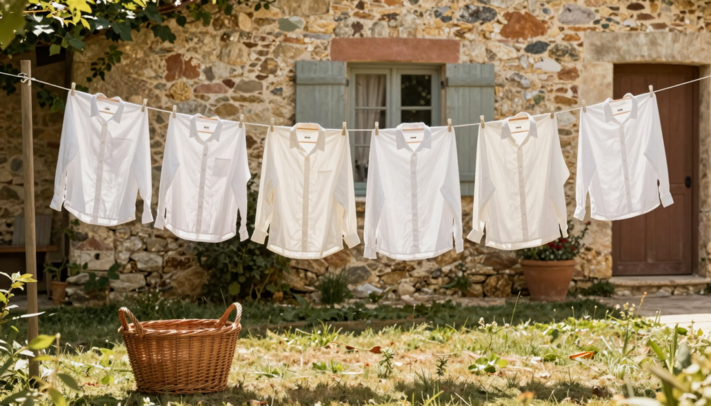 Chemises sur cintres en bois et linge blanc séchant sur un fil dans un jardin ensoleillé, panier en osier posé dans l'herbe