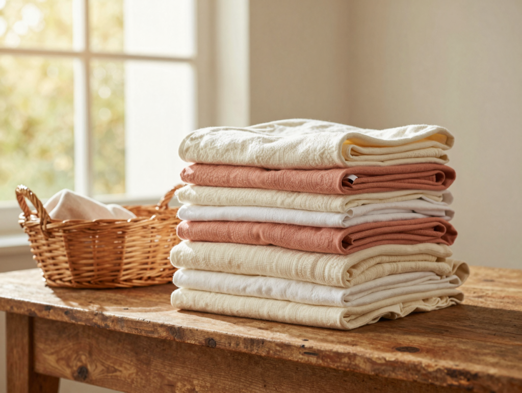 Pile de linge en coton plié encore tiède sur une table en bois à côté d'un panier en osier