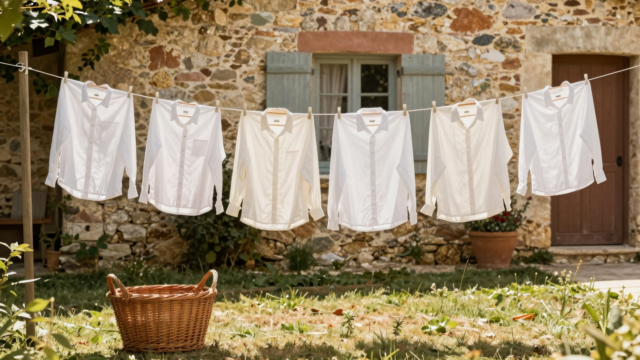 Chemises sur cintres en bois et linge blanc séchant sur un fil dans un jardin ensoleillé, panier en osier posé dans l'herbe