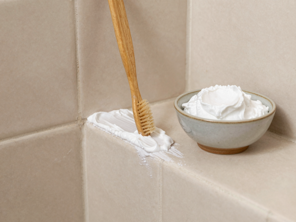 Pâte de bicarbonate appliquée le long d'un joint de carrelage avec une vieille brosse à dents