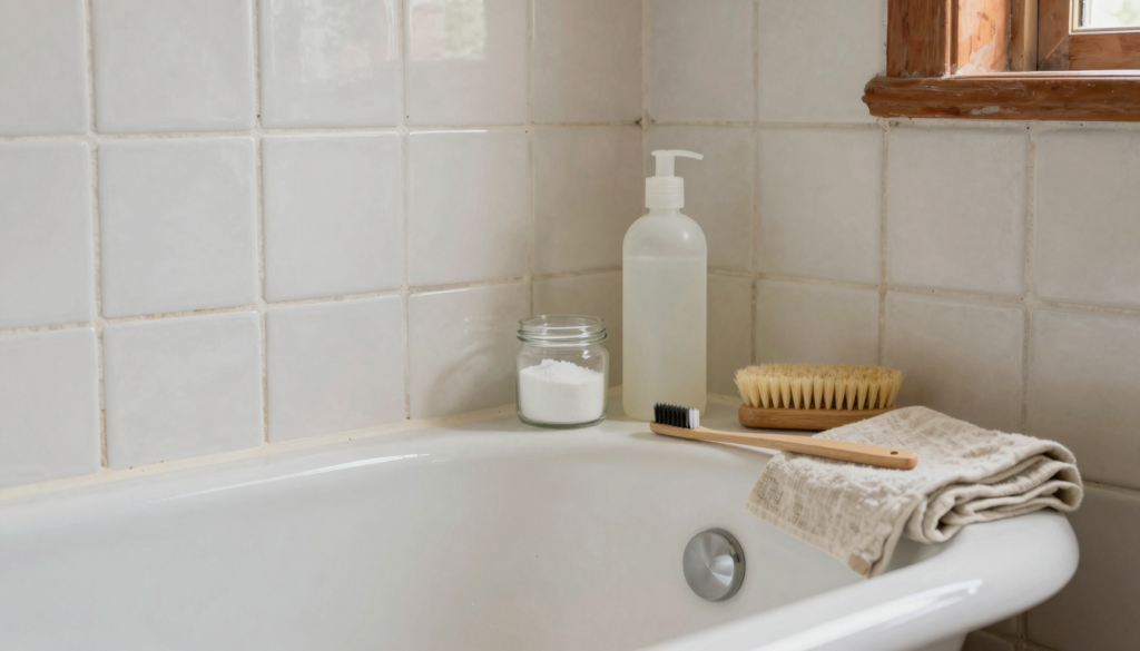 Bicarbonate, vinaigre blanc et brosses posés au bord d'une baignoire pour nettoyer les joints de carrelage
