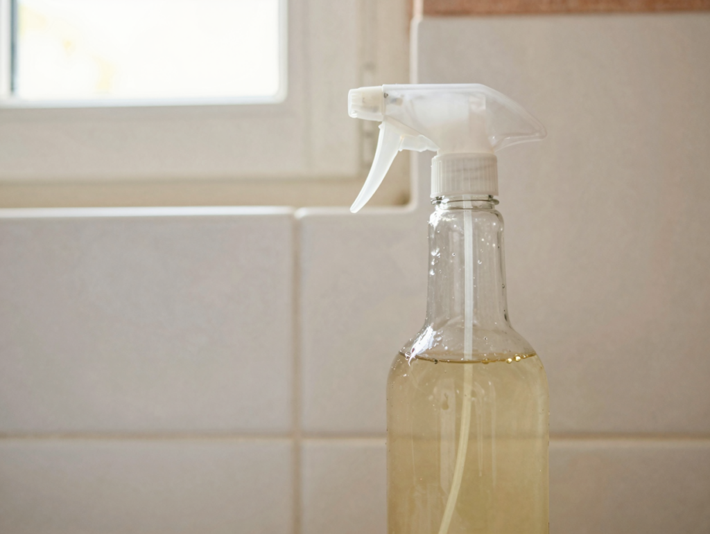 Vaporisateur de vinaigre blanc devant des joints de carrelage propres, fenêtre ouverte en arrière-plan