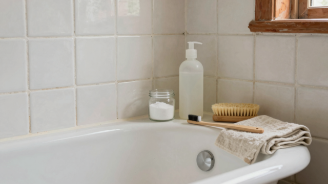 Bicarbonate, vinaigre blanc et brosses posés au bord d'une baignoire pour nettoyer les joints de carrelage