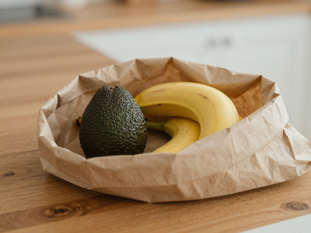 Avocat placé dans un sac en papier avec une banane pour accélérer la maturation
