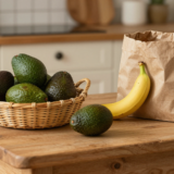 Avocats à différents stades de maturité près d'un sac en papier contenant une banane, sur une table en bois