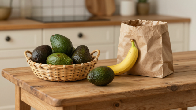 Avocats à différents stades de maturité près d'un sac en papier contenant une banane, sur une table en bois