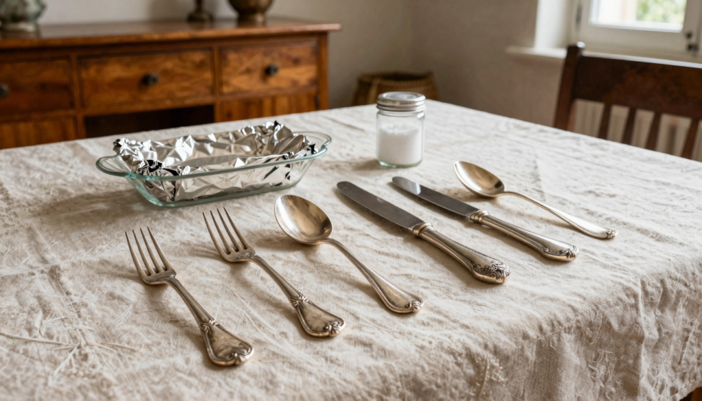 Couverts en argent brillants sur une nappe en lin, avec plat tapissé de papier d'aluminium et bicarbonate pour le nettoyage