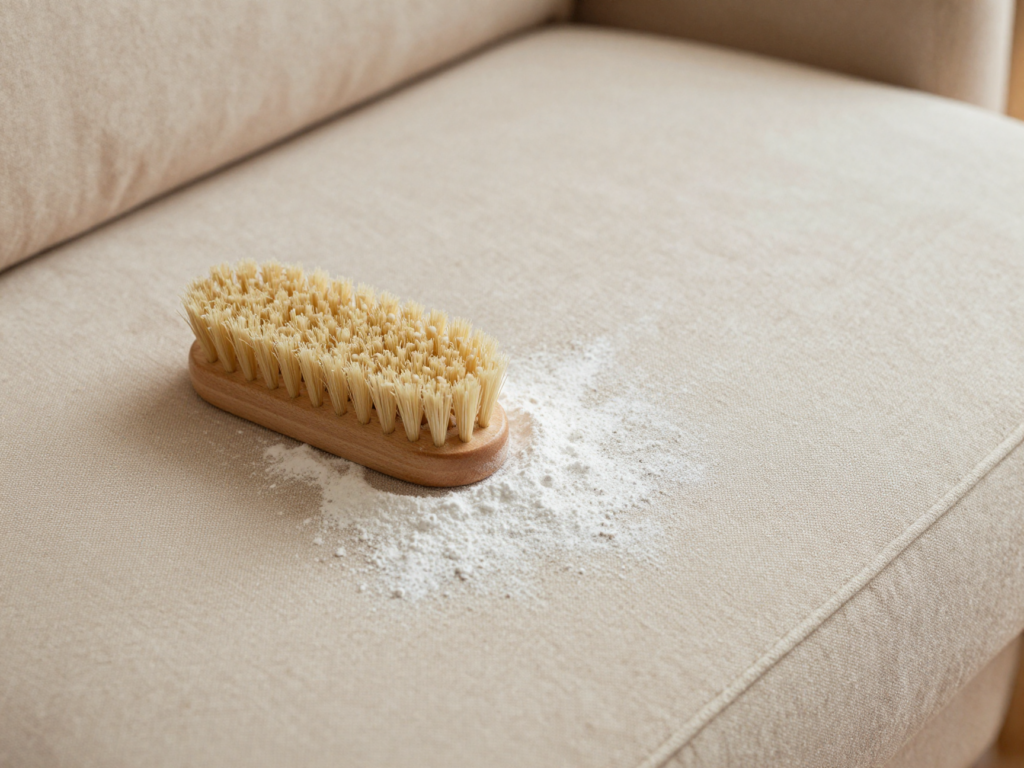 Bicarbonate de soude saupoudré sur un coussin de canapé en tissu avec une brosse souple