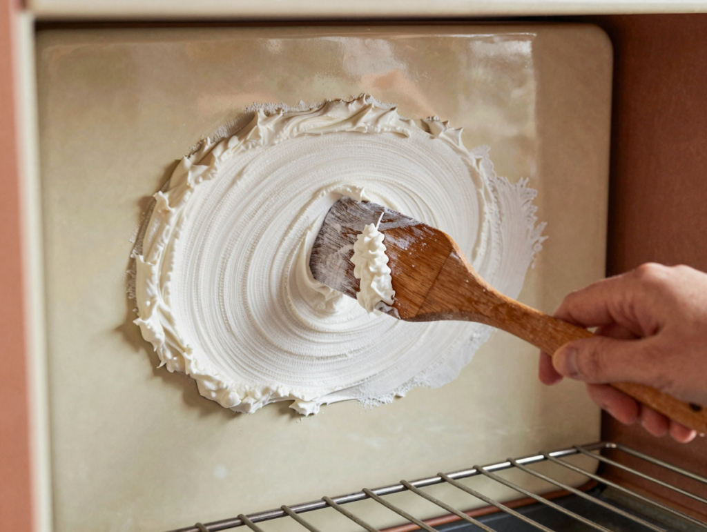Pâte épaisse de bicarbonate étalée sur la paroi émaillée d'un four