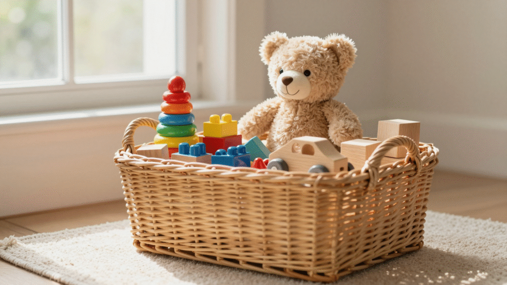 Panier en osier et caisse en bois remplis de jouets propres près d'une fenêtre ensoleillée