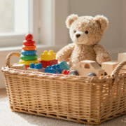 Panier en osier et caisse en bois remplis de jouets propres près d'une fenêtre ensoleillée