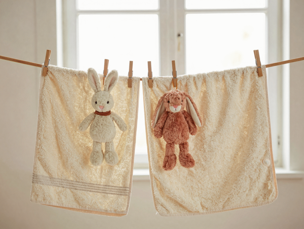 Peluches en train de sécher à plat sur une serviette et suspendues par les pieds