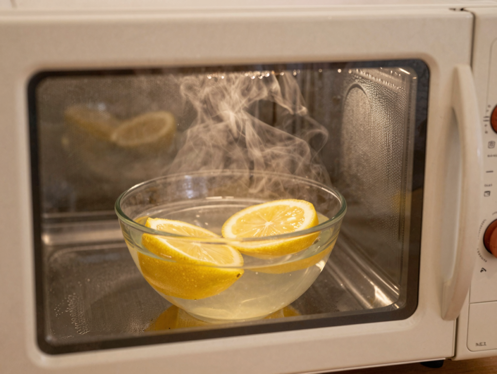 Bol d'eau avec deux moitiés de citron dans le micro-ondes, vapeur et buée sur les parois