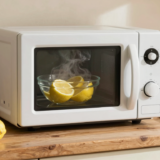 Micro-ondes ouvert avec un bol d'eau citronnée fumant, citrons frais posés sur le plan de travail en bois