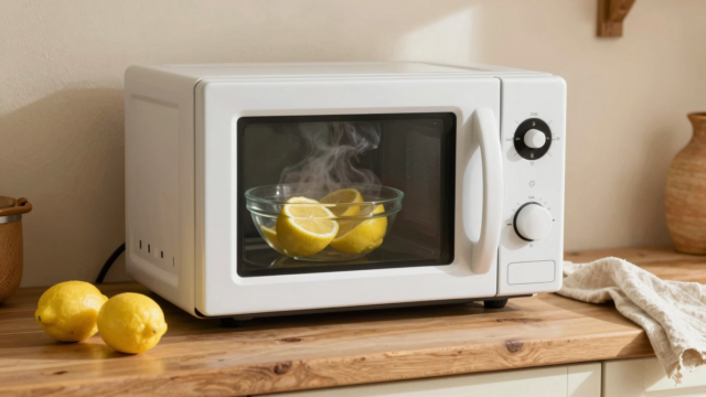 Micro-ondes ouvert avec un bol d'eau citronnée fumant, citrons frais posés sur le plan de travail en bois