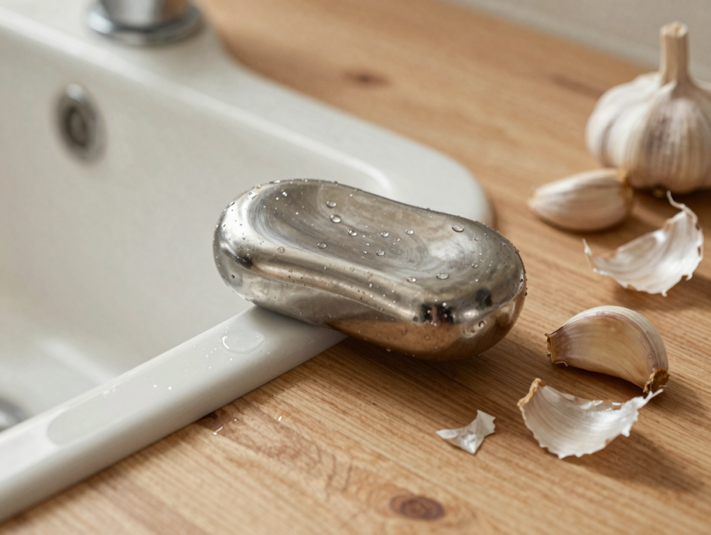 Savon en inox posé au bord d'un évier, à côté de gousses d'ail écrasées