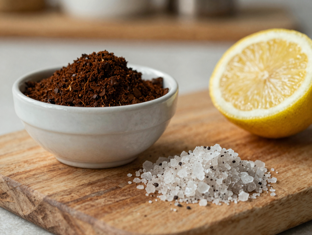 Bol de marc de café, gros sel et demi-citron pressé prêts à servir de gommage désodorisant