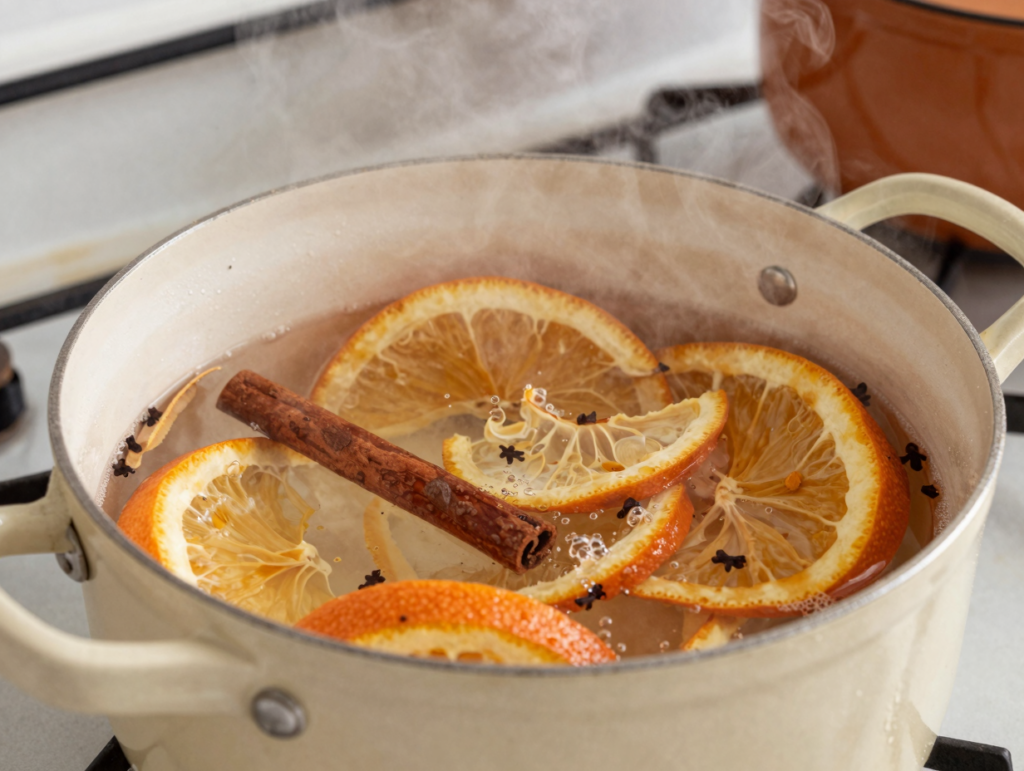 Gros plan sur une casserole frémissante avec écorces d'orange, bâton de cannelle et clous de girofle