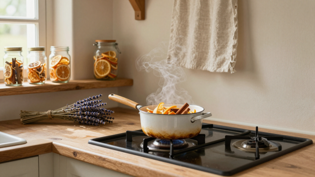 Casserole d'agrumes frémissant sur la cuisinière d'une cuisine rustique, lavande séchée et bocaux sur l'étagère