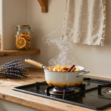 Casserole d'agrumes frémissant sur la cuisinière d'une cuisine rustique, lavande séchée et bocaux sur l'étagère