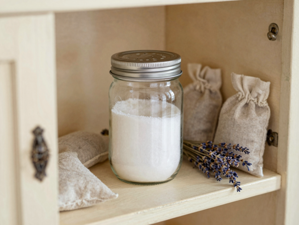 Pot de bicarbonate au couvercle percé et sachets de lavande sur une étagère de placard