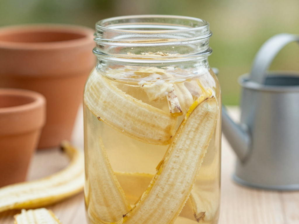 Bocal en verre où macèrent des morceaux de peau de banane dans l'eau