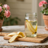 Peaux de banane coupées sur une planche en bois, bocal de macération et rosiers en fleurs au jardin