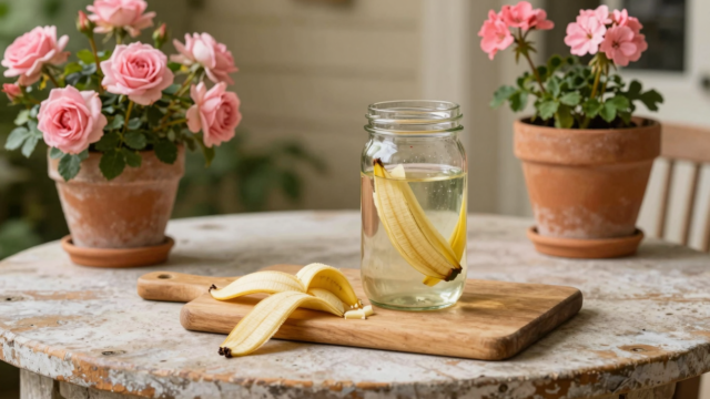 Peaux de banane coupées sur une planche en bois, bocal de macération et rosiers en fleurs au jardin