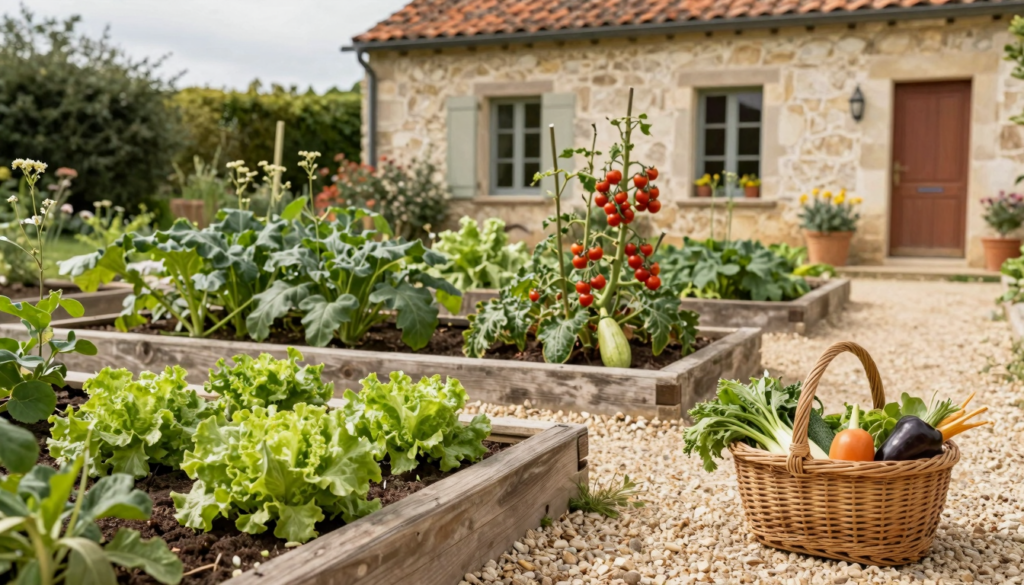 Potager généreux avec carrés de salades, courgettes et tomates cerises, panier de légumes posé dans l'allée