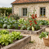 Potager généreux avec carrés de salades, courgettes et tomates cerises, panier de légumes posé dans l'allée