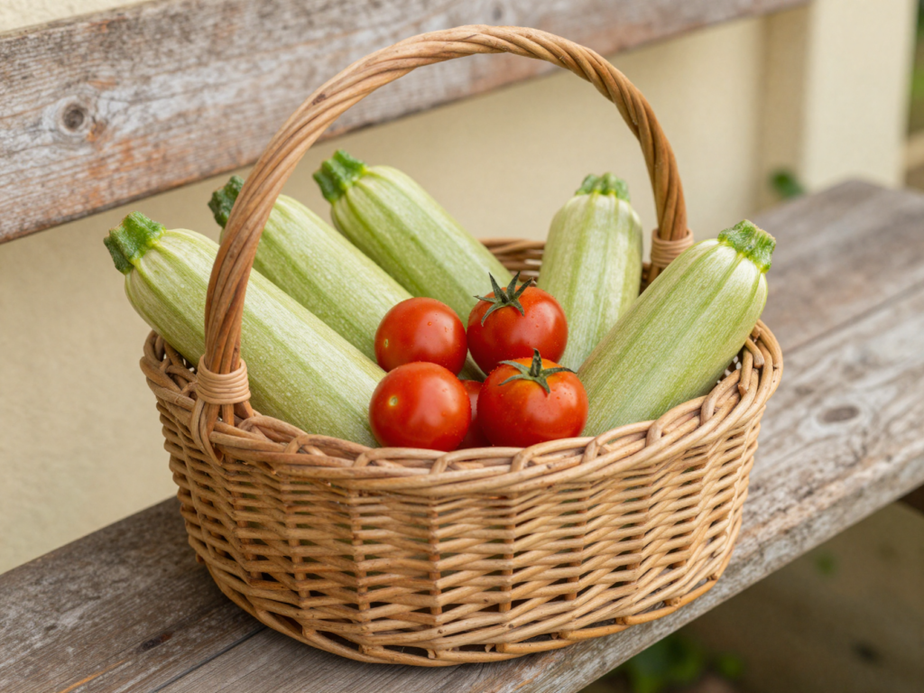 Panier en osier rempli de courgettes et de tomates cerises sur un banc de jardin