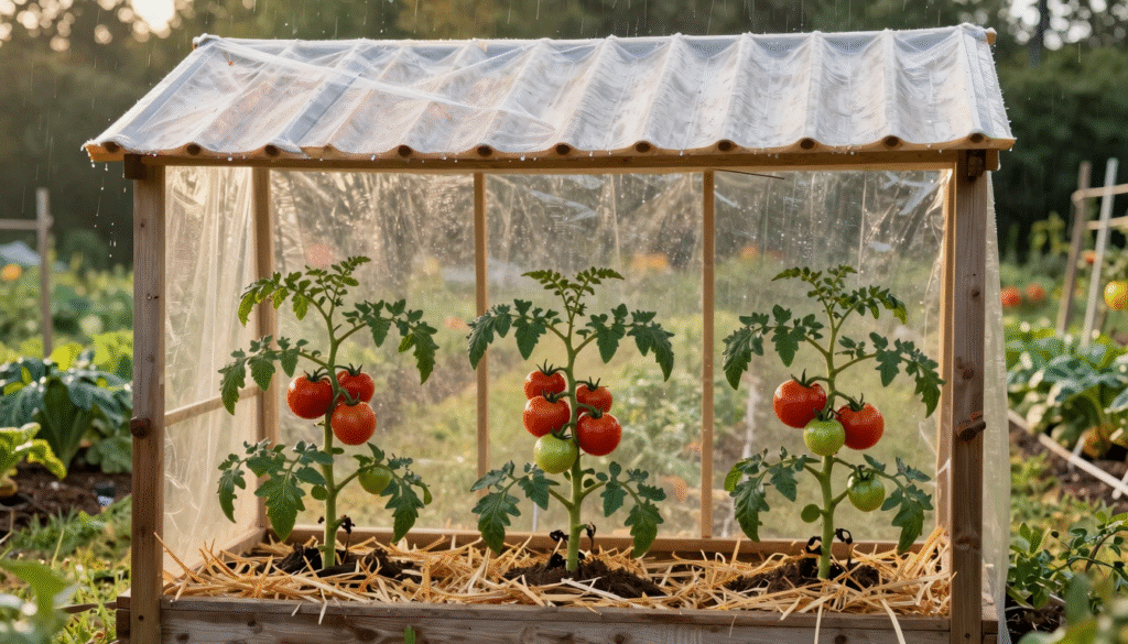 Pieds de tomates tuteurés et paillés à l'abri sous un toit translucide tandis que la pluie tombe à côté