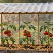 Pieds de tomates tuteurés et paillés à l'abri sous un toit translucide tandis que la pluie tombe à côté