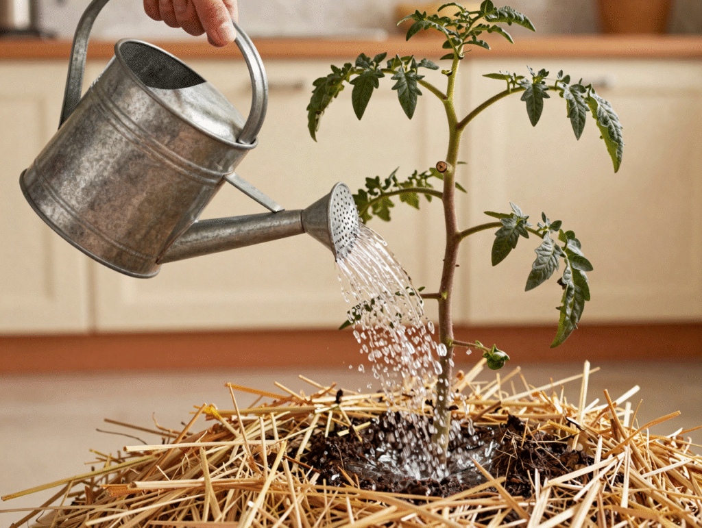 Arrosoir versant l'eau au pied d'un plant de tomate paillé, sans mouiller le feuillage
