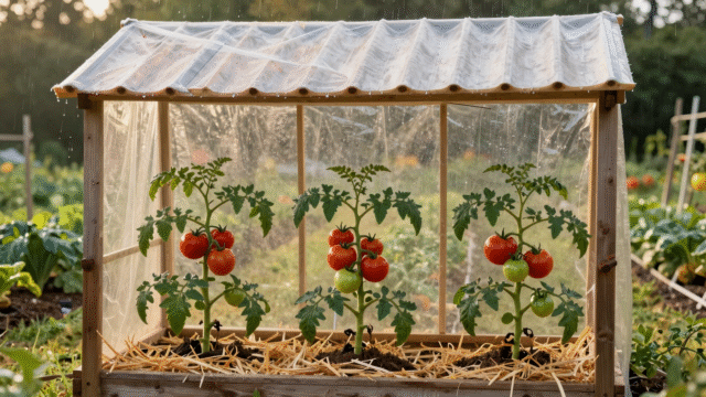 Pieds de tomates tuteurés et paillés à l'abri sous un toit translucide tandis que la pluie tombe à côté