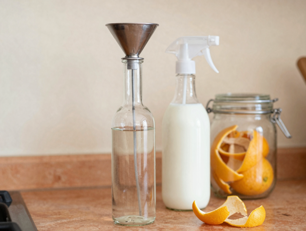 Vaporisateur en verre avec entonnoir, bouteille de vinaigre et bocal d'écorces d'agrumes