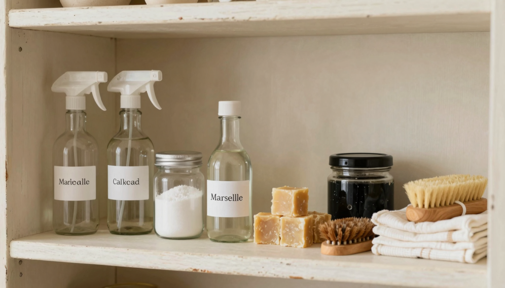 Étagère de produits ménagers faits maison avec vaporisateurs en verre, bicarbonate et savon de Marseille