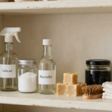 Étagère de produits ménagers faits maison avec vaporisateurs en verre, bicarbonate et savon de Marseille