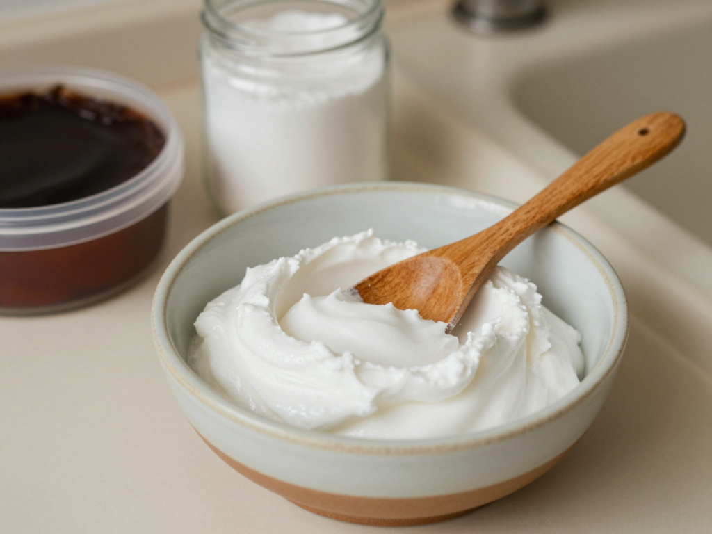 Bol de crème à récurer maison avec bicarbonate et savon noir près d'un évier en émail