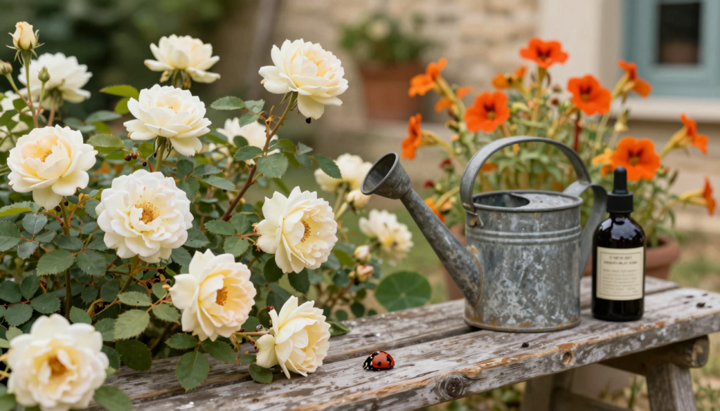 Rosiers de jardin avec une coccinelle sur une tige et un pulvérisateur de savon noir sur un banc