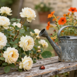 Rosiers de jardin avec une coccinelle sur une tige et un pulvérisateur de savon noir sur un banc