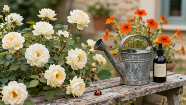 Rosiers de jardin avec une coccinelle sur une tige et un pulvérisateur de savon noir sur un banc