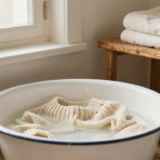 Pull en laine crème trempant dans une bassine émaillée avec de l'après-shampoing, serviettes pliées à côté