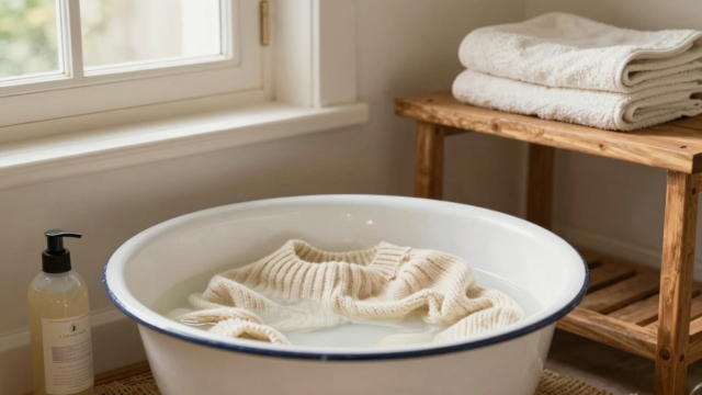 Pull en laine crème trempant dans une bassine émaillée avec de l'après-shampoing, serviettes pliées à côté