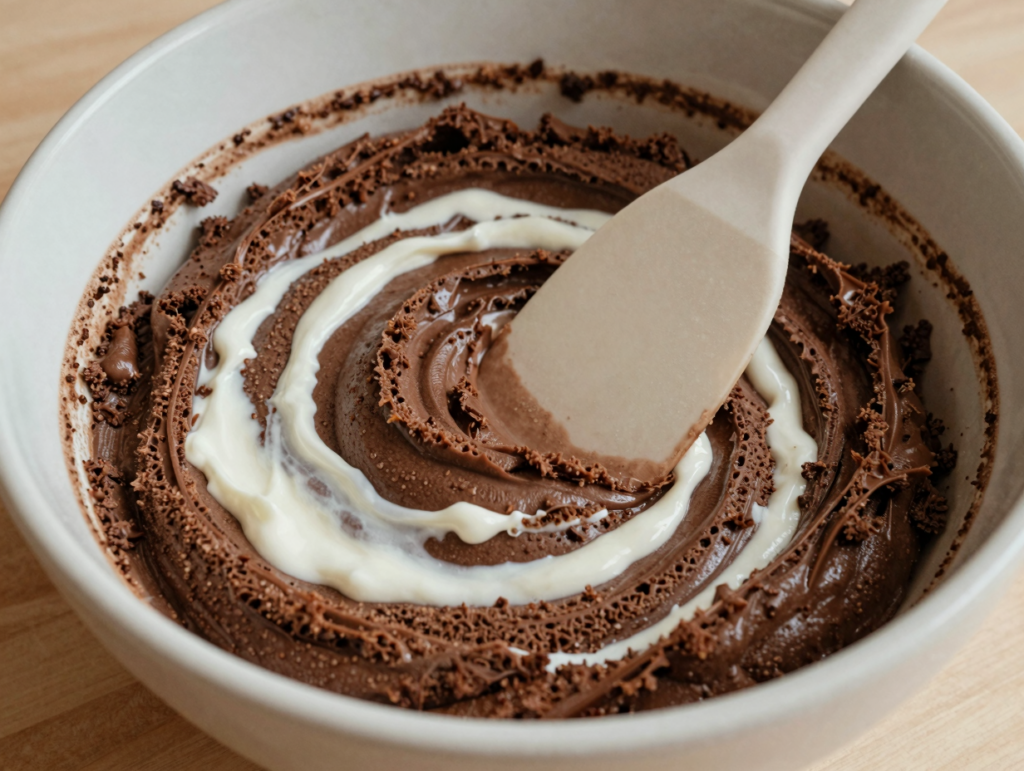 Blancs en neige incorporés en douceur à une pâte au chocolat, spatule posée sur le bol