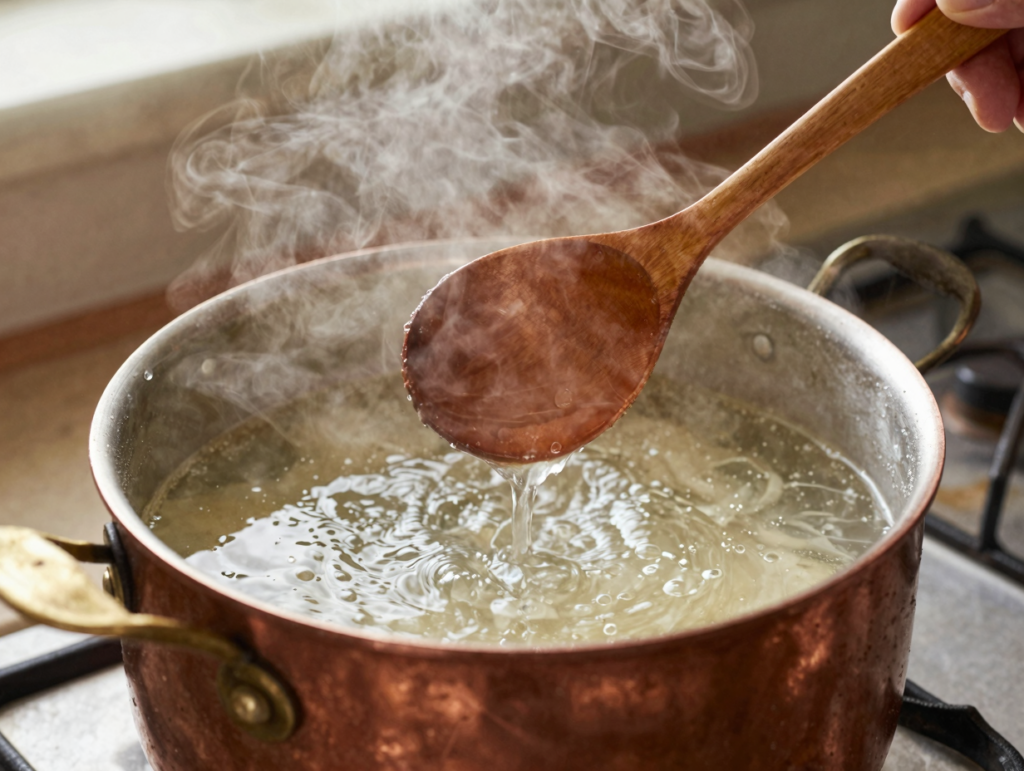 Eau chaude ajoutée à la louche dans une soupe pour diluer l'excès de sel