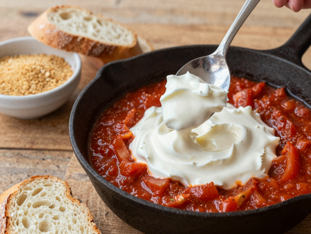 Cuillerée de crème fraîche ajoutée à une sauce pour adoucir un plat trop salé