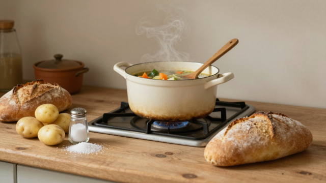 Marmite de soupe fumante dans une cuisine rustique avec salière renversée et pommes de terre