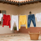 Vêtements colorés étendus à l'envers sur un fil dans une cour ombragée
