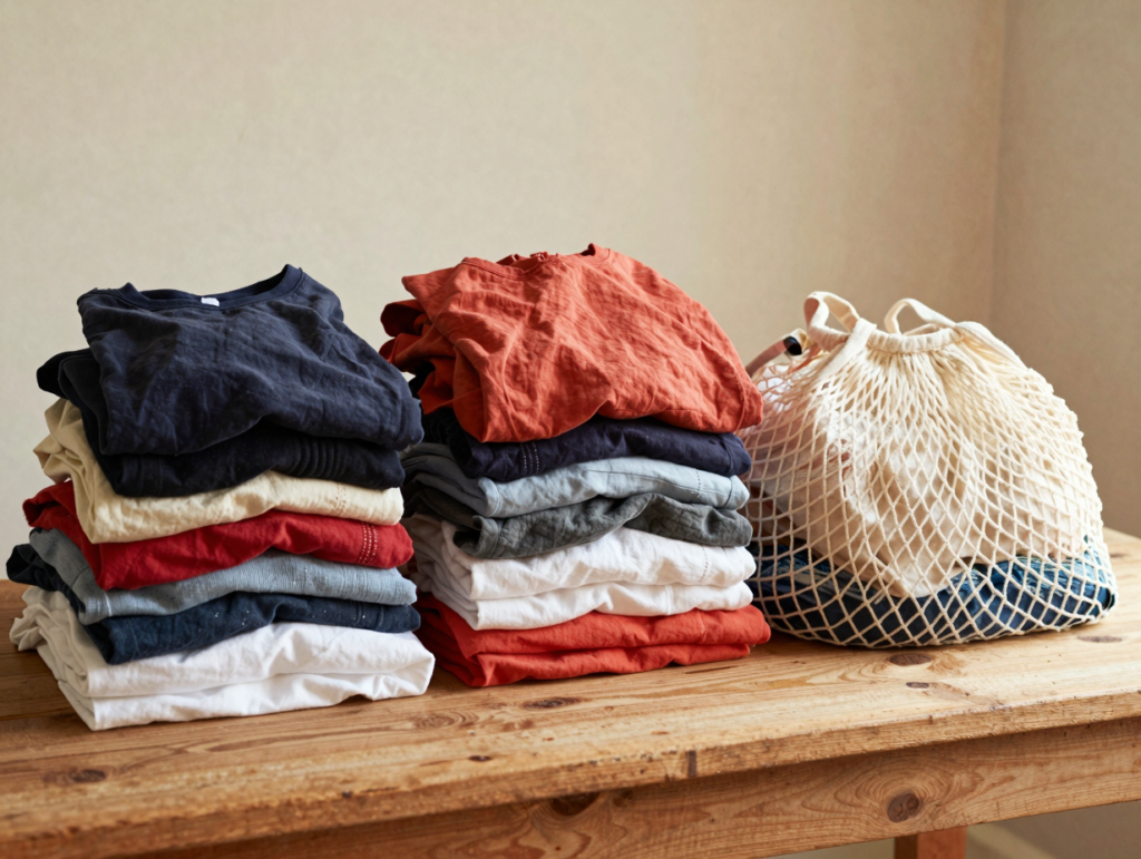 Piles de linge triées par couleurs avec un filet de lavage